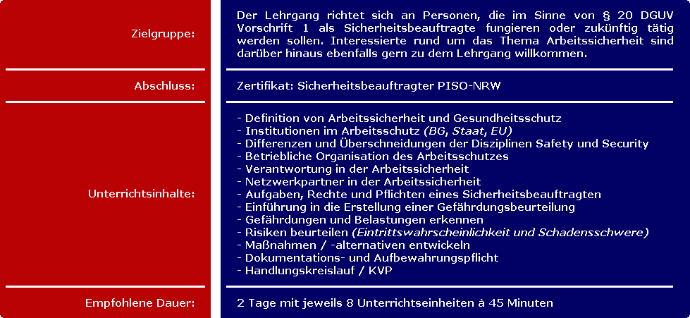 Rahmenangaben - Sicherheitsbeauftragter: DGUV Vorschrift 1